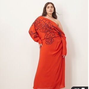 ASOS Curve One Shoulder Red Dress with Black Floral Design